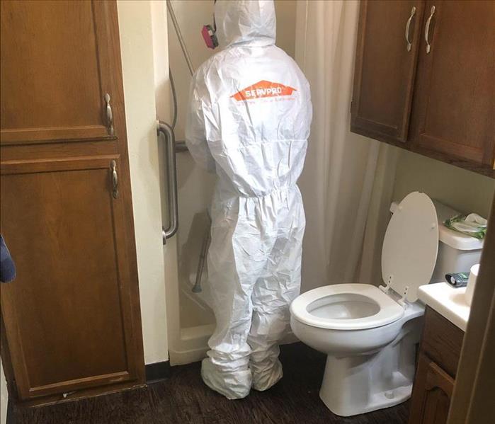 Team member in PPE disinfecting room.
